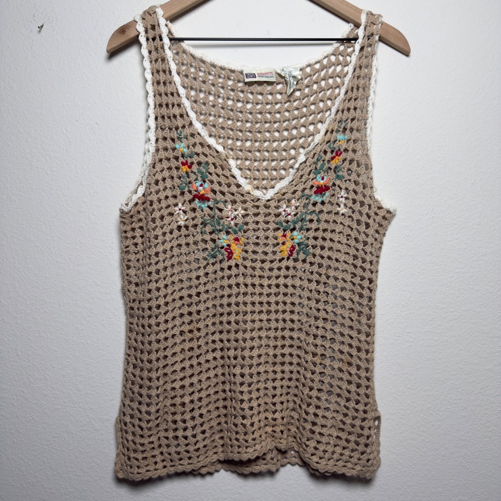 VTG 90s Faded Glory Women Cotton Ramie Crochet Tank Top XL Tan Floral Embroidery